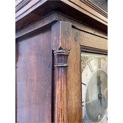 Mid-18th century 30-hour oak longcase clock by Jeremiah Henderson of Scarborough, with a flat-topped pediment, dentil cornice and blind fret frieze, square hood door with pillars attached, trunk with a long wavy topped door and crossbanding on a rectangular plinth with applied skirting, 10” square brass dial with a matted centre and silvered chapter ring, Roman numerals with half hour lozenges and inner quarter-hour track, calendar aperture with silvered date ring behind, pierced steel hand and cherub face spandrels, dial pinned directly to a countwheel chain driven (rope converted) striking movement, striking the hours on a cast bell. With weight and pendulum.
Jeremiah Henderson b1718 was the son of Robert Henderson b1678 the first recorded clockmaker working in Scarborough, Jeremiah worked with and succeeded his father c 1750.

