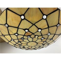 Three Tiffany style leaded ceiling light shades, comprising pair with cream and red panels and further mosaic style cream example, largest D37cm