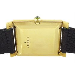 Jaeger LeCoultre gentleman's 18ct gold square cased manual wind wristwatch, champagne dial with yellow sapphire quarter markers, cabochon green sapphire crown, case No. 1109487, on black leather strap