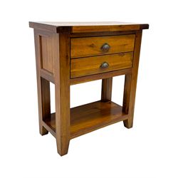 Contemporary hardwood side table, rectangular top over two drawers with shell cup handles, open shelf below, raised on square tapering supports