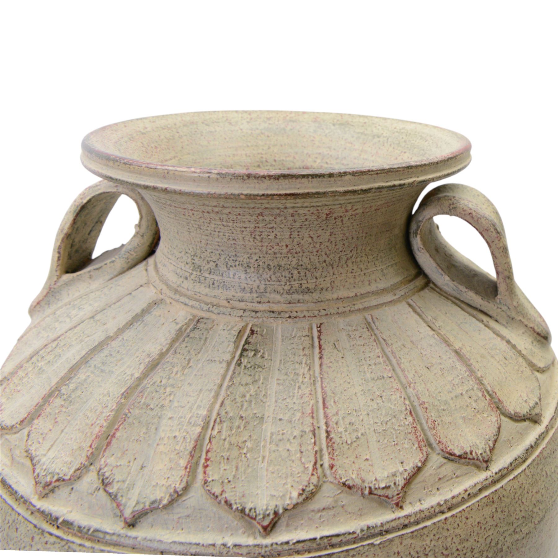 Two large Thai storage jars, with repeating leaf boarder to the neck