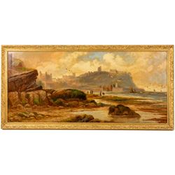 William Thairlwall (British 1844-?): Scarborough South Bay, oil on board signed 43cm x 97cm