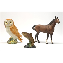 Three Beswick figures. comprising Barn Owl 1046, Trout 1390, and horse with matt brown glaze, Owl and Trout with impressed marks beneath, Horse with printed mark beneath. 