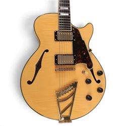 D'Angelico Excel SS electric guitar, with semi-hollow body in amber finish, serial no. US15070189, in D'Angelico hard case, guitar L105cm