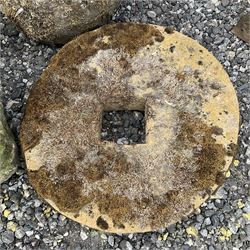Small circular stone mortar, small stone wheel and a square stone trough - THIS LOT IS TO BE COLLECTED BY APPOINTMENT FROM DUGGLEBY STORAGE, GREAT HILL, EASTFIELD, SCARBOROUGH, YO11 3TX