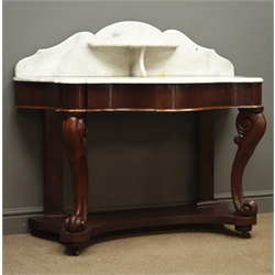  Victorian mahogany marble top washstand, raised shaped back, single frieze drawer, cabriole legs joined by an under tier, W117cm, H100cm, D55cm  