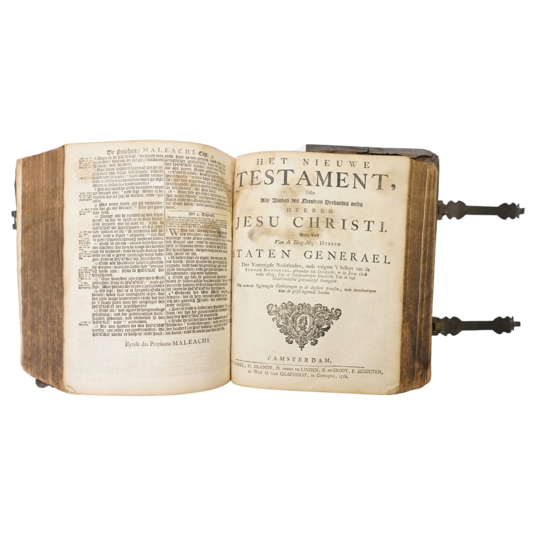Biblia, dat is de gantsche H. Schrifture..., Dutch States Bible, engraved title, separate New Testament title, metrical Psalms with musical notation, Amsterdam: Ph. Losel, H. Brandt, D. Onder de Linden, G. de Groot, P. Schouten and de Wed. O. van Grafhorst, 1768, contemporary panelled calf with brass clasps, 29 x 23cm