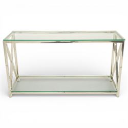 Modern chrome console table, rectangular plate glass top on polished chrome frame, the sides formed with X-frame stretchers, raised on square supports with lower glass tier 