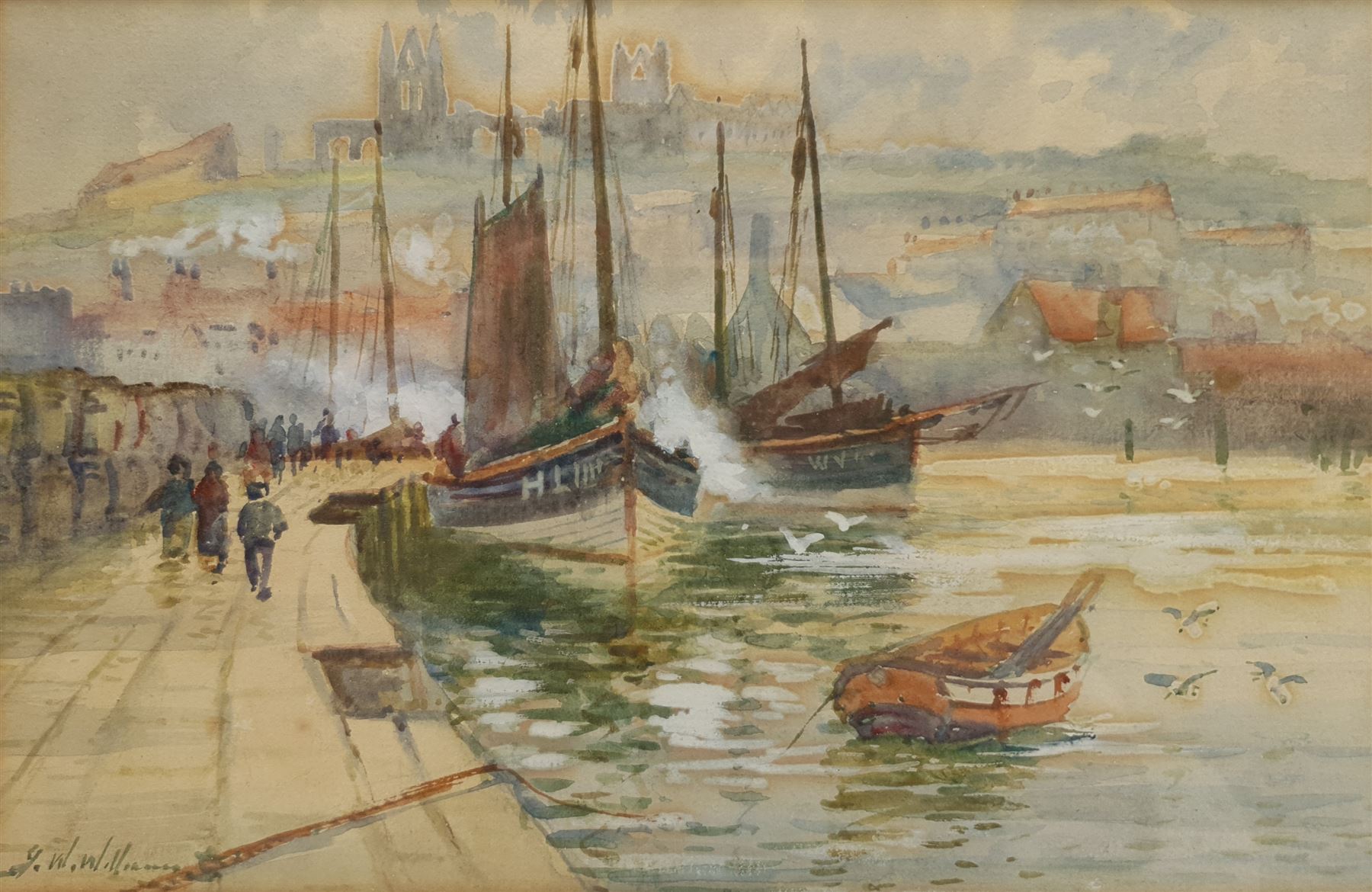 John Wynne Williams (British fl.1900-1920): Whitby Harbour with view of Abbey and Hull and Whitby Fishing Boats Anchored, watercolour signed 15cm x 23cm