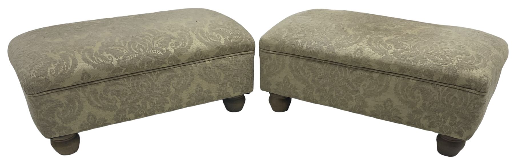 Traditional design three-piece lounge suite - three-seat sofa (W220cm, H90cm, D90cm); two armchairs (W115cm); and two footstools (77cm x 43cm, H31cm); upholstered in cream damask fabric