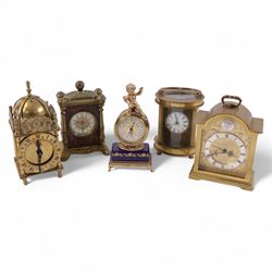 Five clocks, including french carriage clock with painted porcelain panels, Brass lantern ...