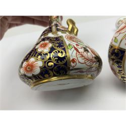 Pair of Royal Crown Derby 6299 imari pattern miniature vases, together with a miniature pitcher and dish in 2451 imari pattern, all with printed marks beneath, vase H12cm 