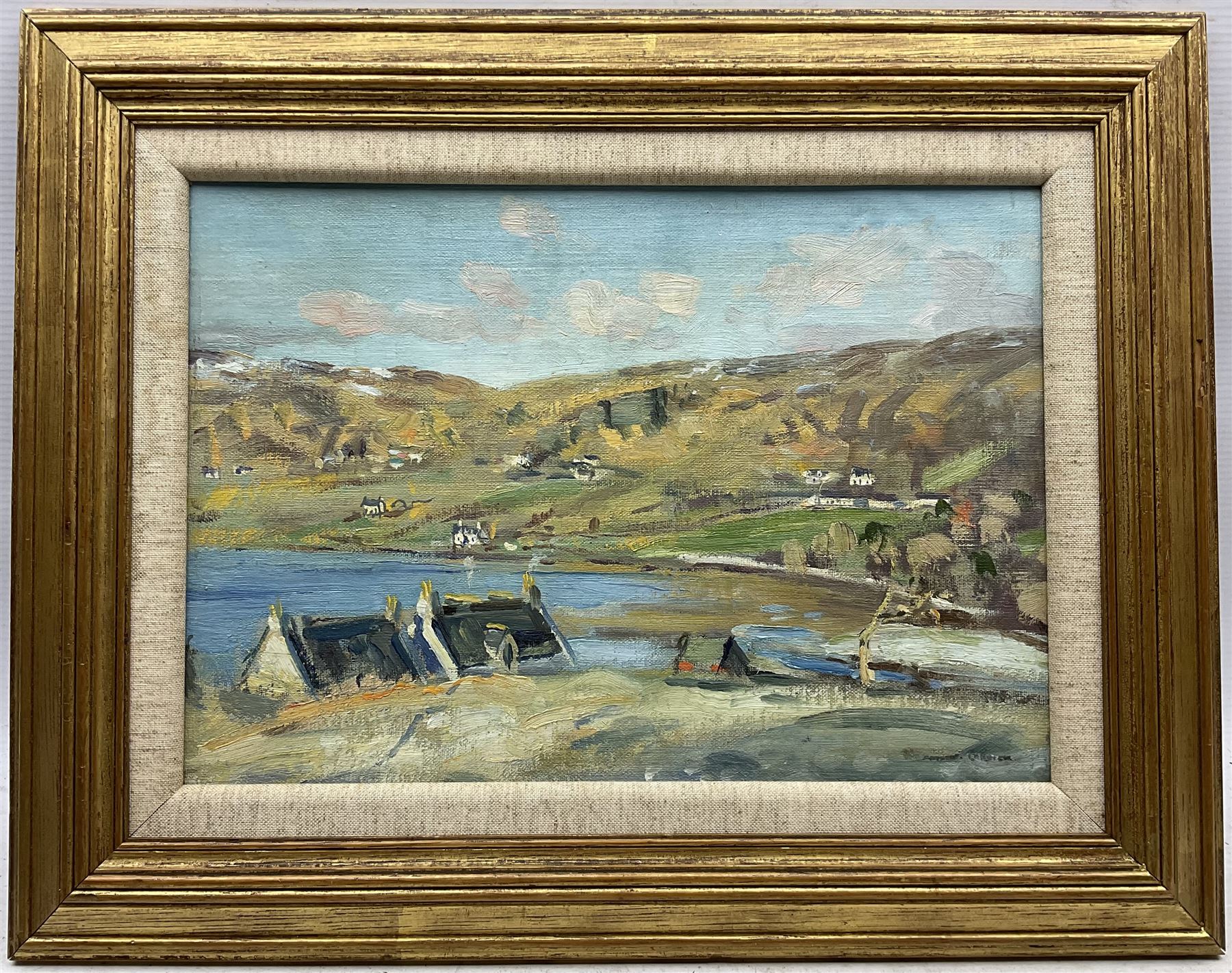 William Arthur Laurie Carrick (Scottish 1879-1964): 'Frosty Morning - Uig Skye', oil on canvas board signed, titled verso 24cm x 34cm