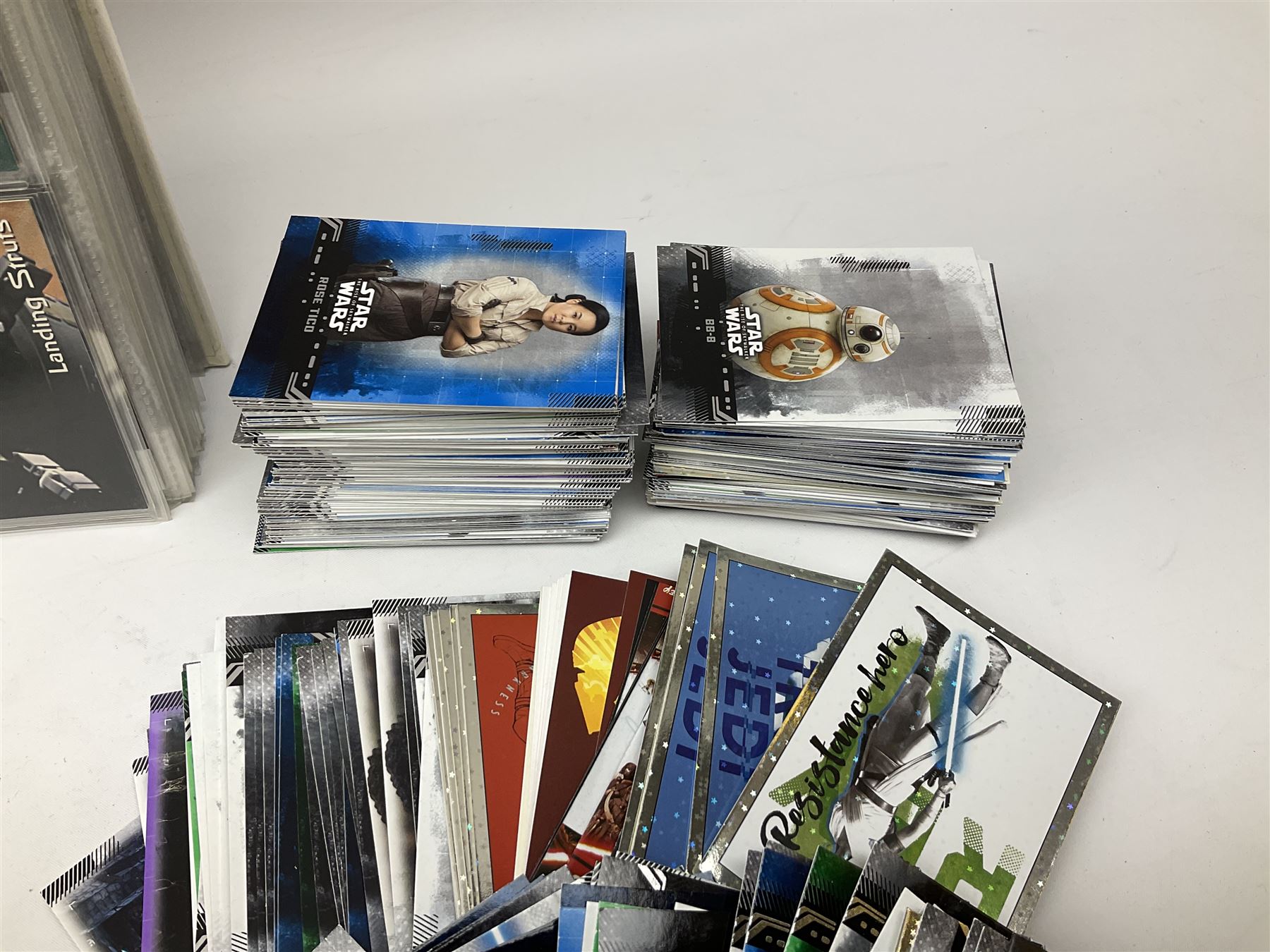 Collection of Star Trek collectors cards to include ‘Alternate Universe’ and ‘Q Continuum’ series, Star Wars cards etc housed in white album
and Harry Potter, Disney and other loose examples