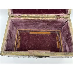 20th century box, decorated in faux leather with the royal coat of arms and GR 1719 to hinged cover, with fleur-de-lis, lion, crown and rose motifs throughout and studs to all edges, opening to reveal a purple velvet interior containing three removable wooden trays, H18.5cm