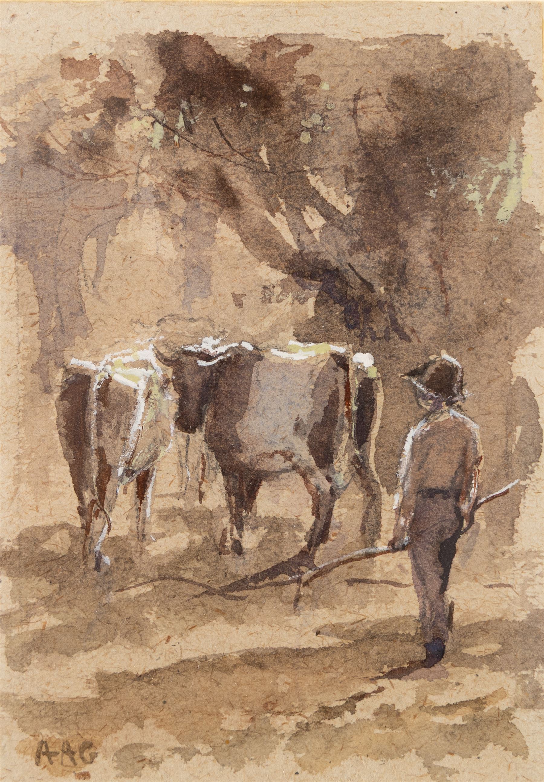 Albert Abram Gittleson (Scottish fl.1911-1940): Herded Cattle, watercolour heightened with white signed with initials 12.5cm x 9cm
Notes: Gittleson was a pupil of Owen Bowen (British 1873-1967).