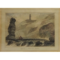  Light-house on Flambro'-head, Yorkshire' and 'Staffa near Finglas Cave', two colour aquatint's by William Daniell (British 1769-1837) pub.1817/22, 'Pier at Scarborough' and 'Robin Hood's Bay', two 19th century engravings, three others and two Seascape watercolours signed J. Boulais max 31cm x 41cm (10)  