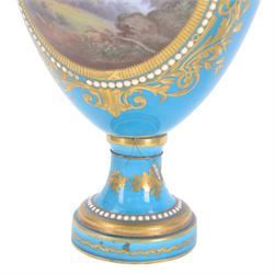 Pair of late 19th century Sevres style vases, each of urn shaped form with twin mask mounted raised handles, decorated with romantic figural and landscape panels within 'jewelled' and gilt foliate borders, with pseudo Sevres marks beneath, H35.5cm