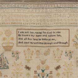 Early Victorian needlework sampler inscribed 'Hannah Maria Smith. Her Work, Aged 9 Years 1838' with alphabet, numerals, verse, trees etc 31cm x 33cm