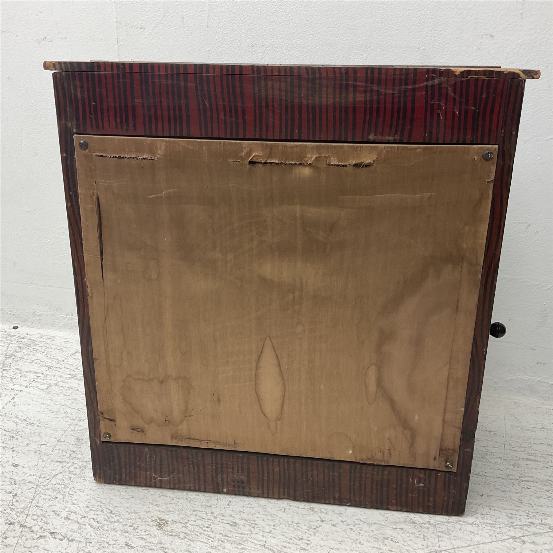 Faventia Half size miniature Spanish barrel piano with a 40cm cylinder playing tunes on a 37 note movement including woodblock and triangle, in a painted case with silk embroidered decoration to the front.  Vicente Linares, Barcelona trade label, with original crank handles, stringing, hammers action, tuning pins and cylinder