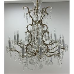Large two tier fifteen branch chandelier, serpentine supports, with glass cups and droplets