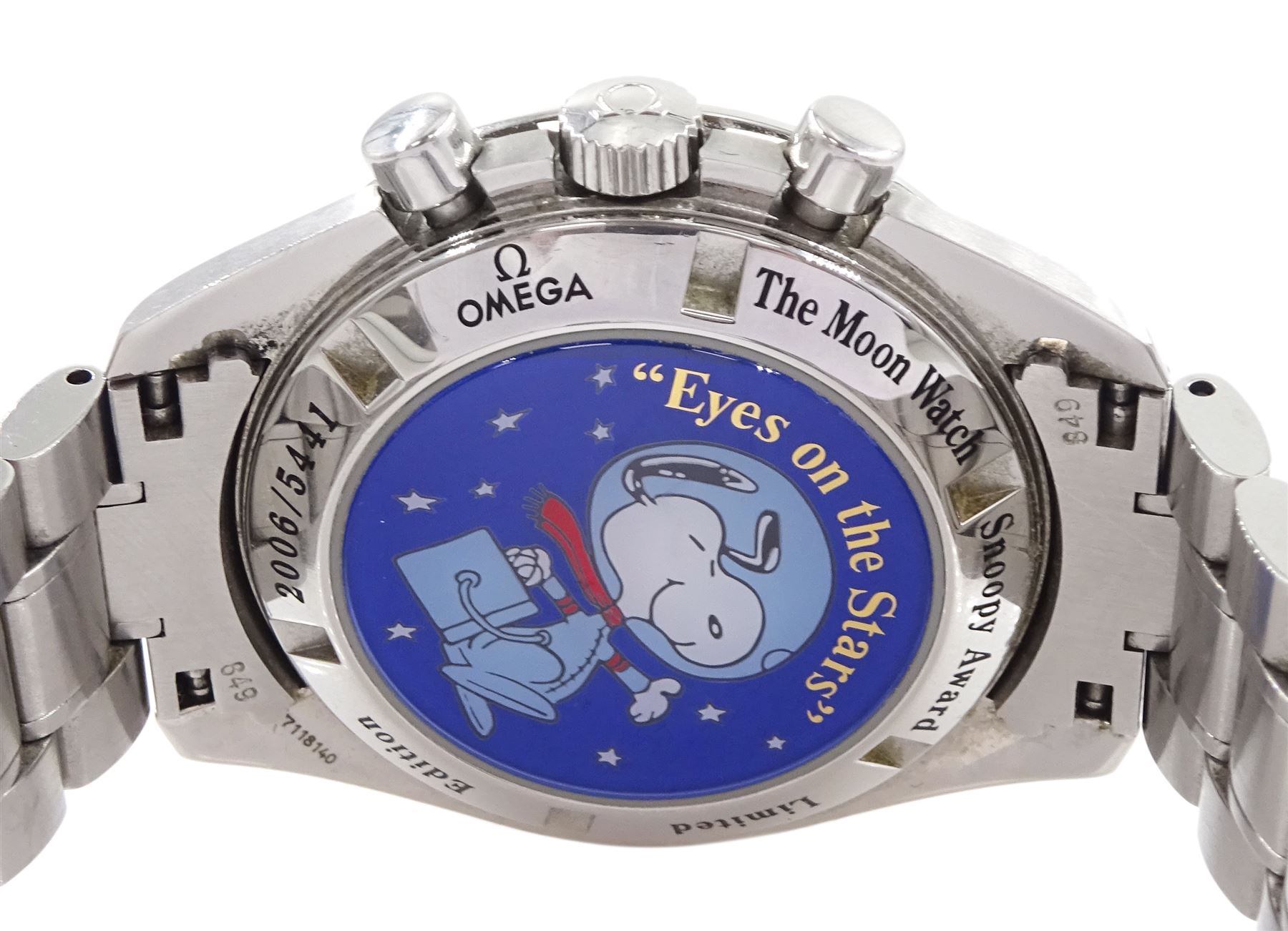 Omega Speedmaster Professional Eyes on the Stars Silver Snoopy Award stainless steel limited edition manual wind wristwatch Ref. 3578.51.00 Cal. 1861 serial No. 77118140 on original stainless st Jewel...