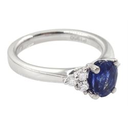 Platinum oval cut sapphire and six stone round brilliant cut diamond ring, hallmarked, sapphire approx 0.90 carat