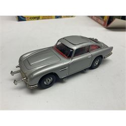 Corgi - die-cast model of James Bond Aston Martin DB5 No.271 with silver body and red interior, gold bumpers and four-spoke wheels, James Bond and two bandit figures; original window box with header card; and Dinky Shado 2 Mobile with one missile No.353; in window box (2)