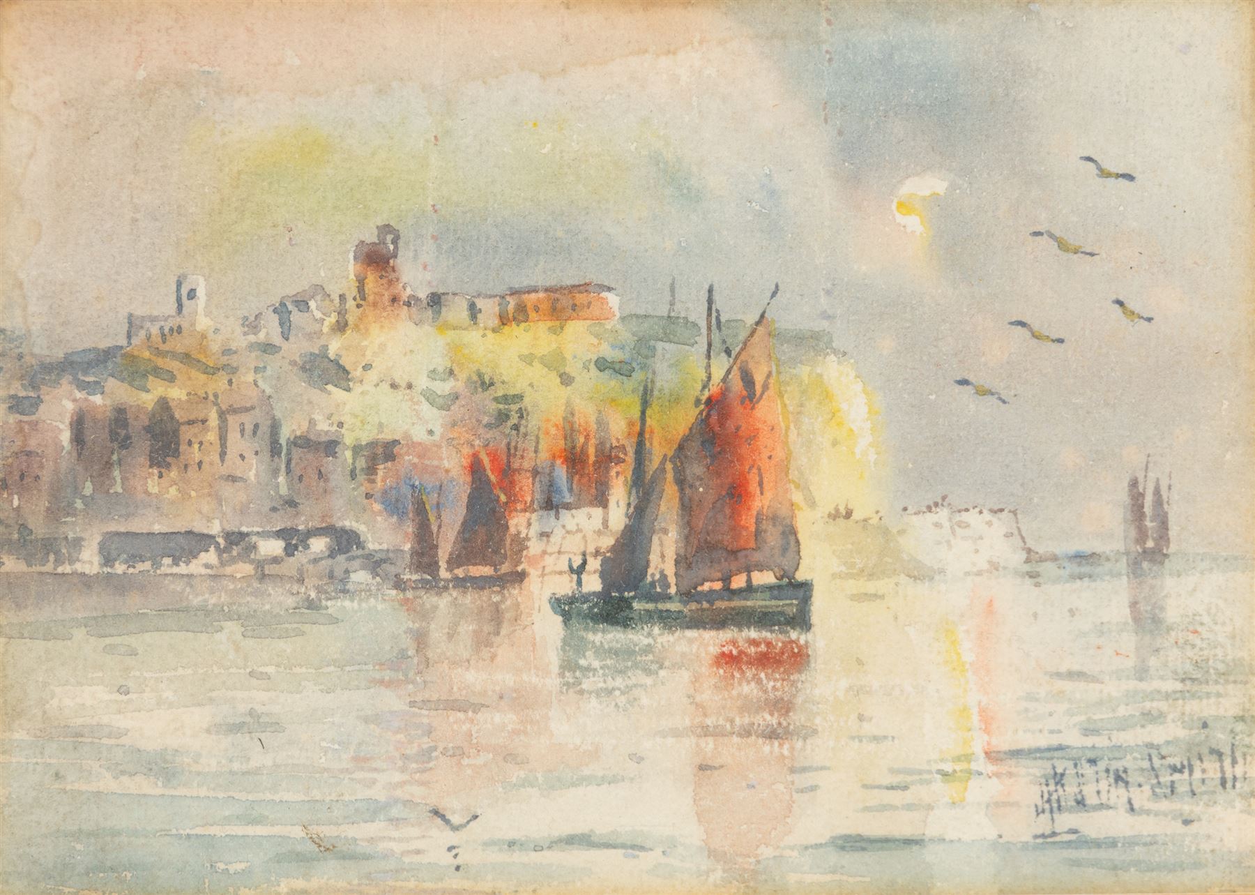 Austin Smith (British fl.1913-1928): Sailboats off Scarborough, pair of watercolours signed; together with Alfred Durham (British 19th century): Coastal Views of Scarborough, set of three watercolours heightened with white signed and one dated 1907 max 18cm x 32cm (5)