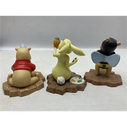 Collection of eight Disney Pooh and Friends figures, comprising Hip, hip Poohray for birthdays, Tricks and treats for someone sweet, We'll share forever whatever the weather, Thanks for being a Caring Sort of Bear, Now it's perfect just like you, Have a red-shirt red letter day, Life is sweet and I love you Mama, all with boxes