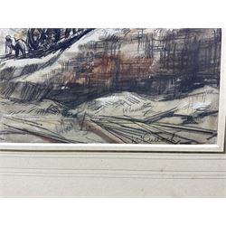 Joseph Ridley Ratcliffe McCulloch RBA (British 1893-1961): Permanent Site of the Building Society - Leeds, watercolour signed 25cm x 32cm 
Notes: McCulloch draughtsman, watercolourist, printmaker and teacher born and educated in Leeds at Brudenell School Hyde Park, gained a diploma at the Royal College of Art in 1912. Taught at Ipswich School of Art and life drawing at Goldsmiths' College of Art 1941-1950. Unfortunately came to a sad end, reportedly selling papers and matches on the London streets