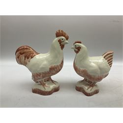 Six Rye Pottery figures, comprising, jumping fox, squirrel upon a branch, billy goat, bull, chicken and cockerel  