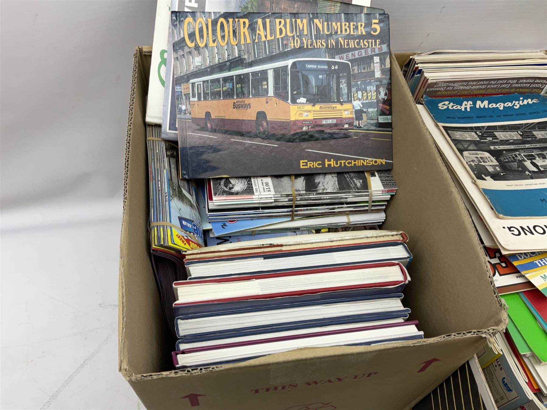 Collection of bus related magazines dating from the 1960s and later, to include Buses Illustrated Magazine, by Ian Allen, Bus & Coach Preservation magazine, Bus Fayre magazine, together with books relating to trans, railway interest etc in six boxes