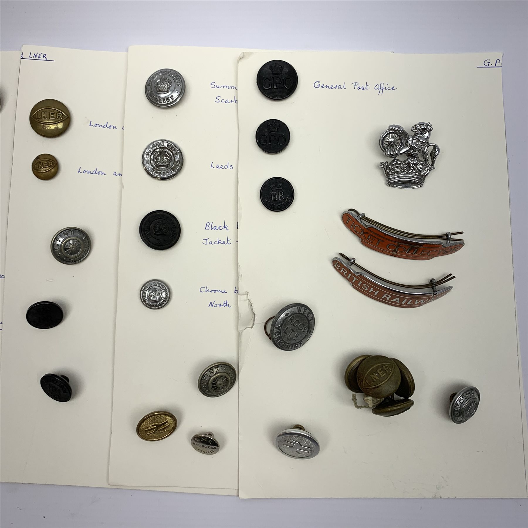 BR North Eastern Ticket Collectors totem cap badge and a similar British Railway badge, both by J.R.Gaunt, a North East Railway enamel pin badge British Railways cap badge, and a collection of Railway, Police and Bus Co. buttons, etc