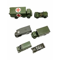 Dinky - six army vehicles comprising Austin K2 Ambulance with American Star to roof; 151b Six-Wheeled Covered Wagon with driver; 152b Reconnaissance Car; 623 Army Wagon; 626 Military Ambulance; and 674 Austin Champ; all unboxed (6)