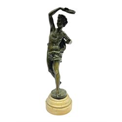 After Ernest Rancoulet, bronzed figure modelled as a man playing the tambourine, upon a stepped circular base, H37cm 