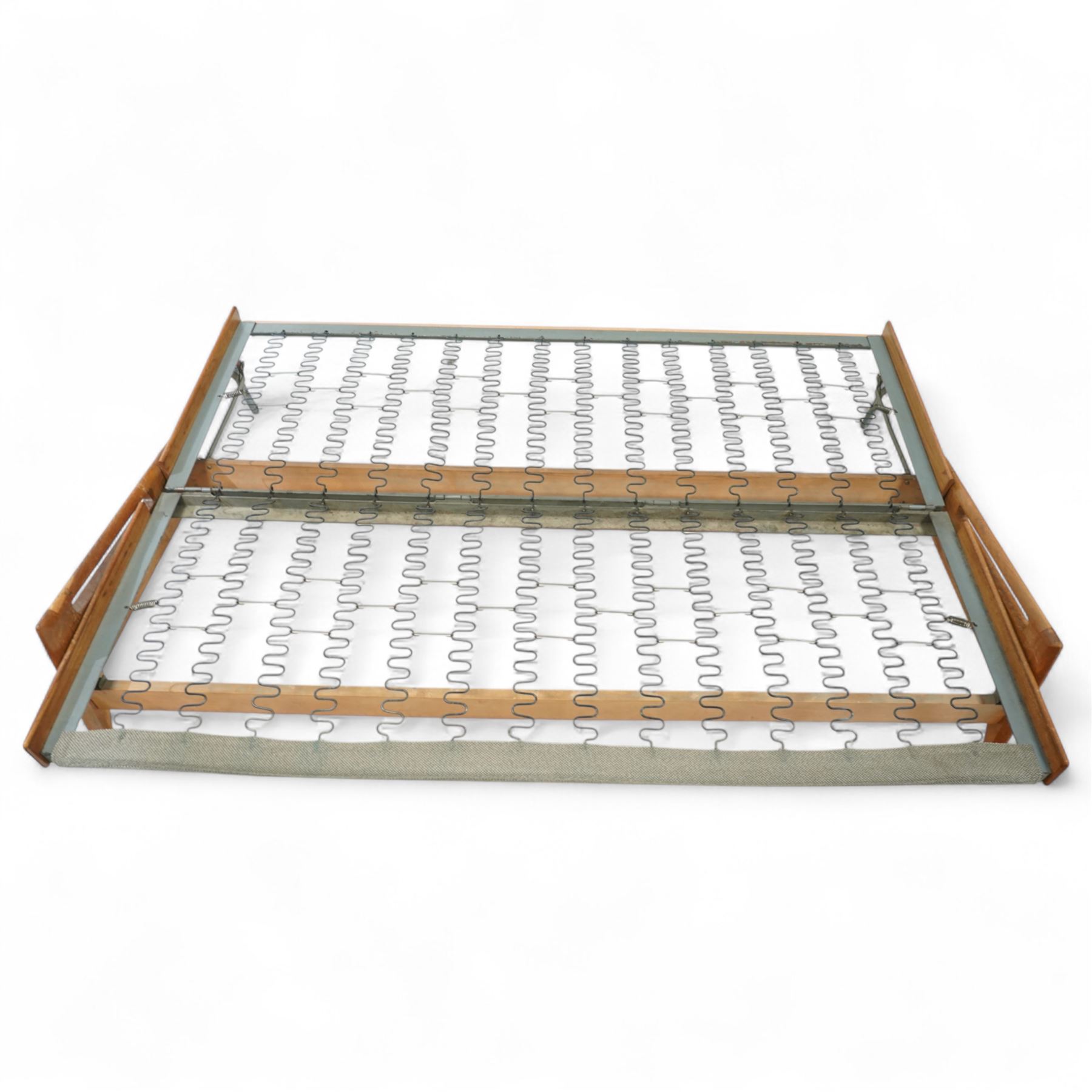 Gerard Guermonprez for Bobois - mid-century light teak sofa daybed, sides with angular teak wire sprung frame, integrated armrests with cut-out hand-holds, single fabric cushion back and seat, on out-swept tapered legs, circa 1955