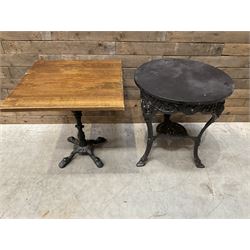 19th century cast iron Coalbrookdale design table with circular top (D66cm, H74cm) and a cast iron pedestal table with square top (W69cm, D70cm, H72cm)