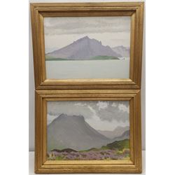 Frances Watt (Scottish 1923-2009): 'The Cuillin in the Rain' & 'Dull Day - Cliffs of Portree', pair oils on panel one signed, titled verso 24cm x 34cm (2)
Provenance: with Sarah Colegrave Fine Art, label verso