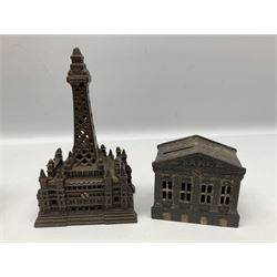Five early 20th century cast-iron money banks as buildings - 'City Bank' c1904 H10cm; 'County Bank' c1905 H11cm; 'Town Hall Bank' c1900 H8.5cm; 'Tower Bank' c1902 H23.5cm; all made by John Harper; and 'Blackpool Tower Bank' c1907 by Chamberlain & Hill H18.5cm (5)