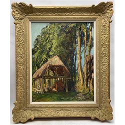 Alexander Jamieson (Scottish 1873-1937): A Summer Farmyard, oil on panel signed and dated 1920, 50cm x 40cm