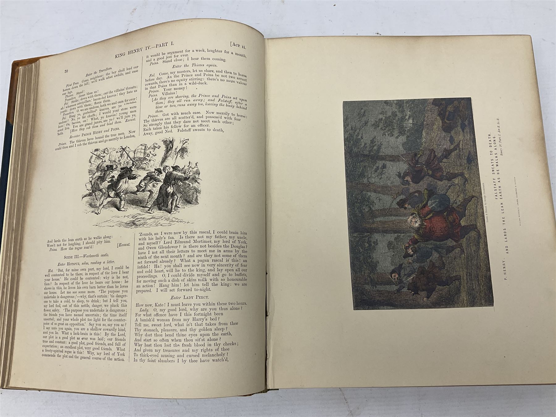 The Library Shakspeare Illustrated by Sir John Gilbert, George Cruikshank and R. Dudley with laid-in colour plates, three volumes, uniformly bound in half leather with a.e.g.