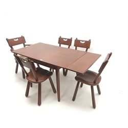 Mid century Canadian Imperial Loyalist extending dining table, square tapering outsplayed supports (W158cm, H74cm, D81cm) and set five (4+1) dining chairs (W61cm)