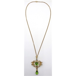  Edwardian gold peridot and seed pearl pendant necklace stamped 15ct  