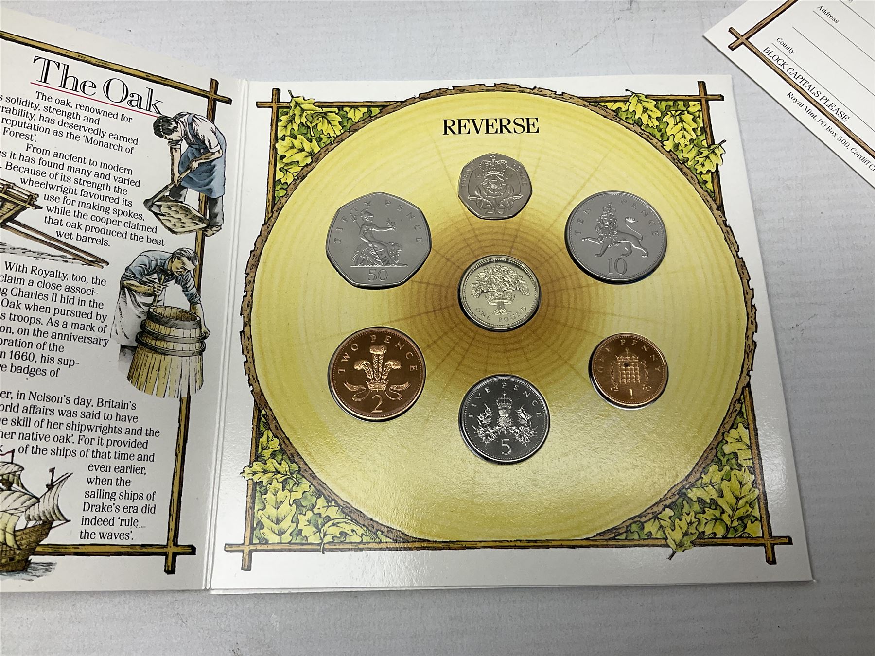 Thirteen The Royal Mint United Kingdom brilliant uncirculated coin collection dated two 1985, two 1986, two 1987, 1988, two 1989, two 1990, two 1991, all in card folders