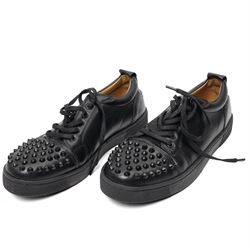 Christian Louboutin and Burberry - two pairs of designer shoes, comprising black leather Christian Louboutin low-top sneakers with black spike-studded toe caps and signature red soles, size 40, with dust bag, together with Burberry check canvas and red transparent strap sandals, size 39, with box and dust bag (2)