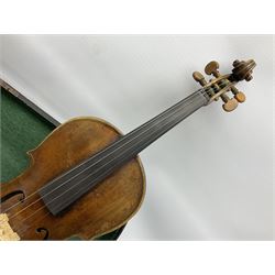 Late 19th century German violin with 36cm two-piece maple back and ribs and spruce top; bears label for 'Thomas Jacklin Violin Maker & Repairer Hull 1879'; 60cm overall; in ebonised wooden coffin case.