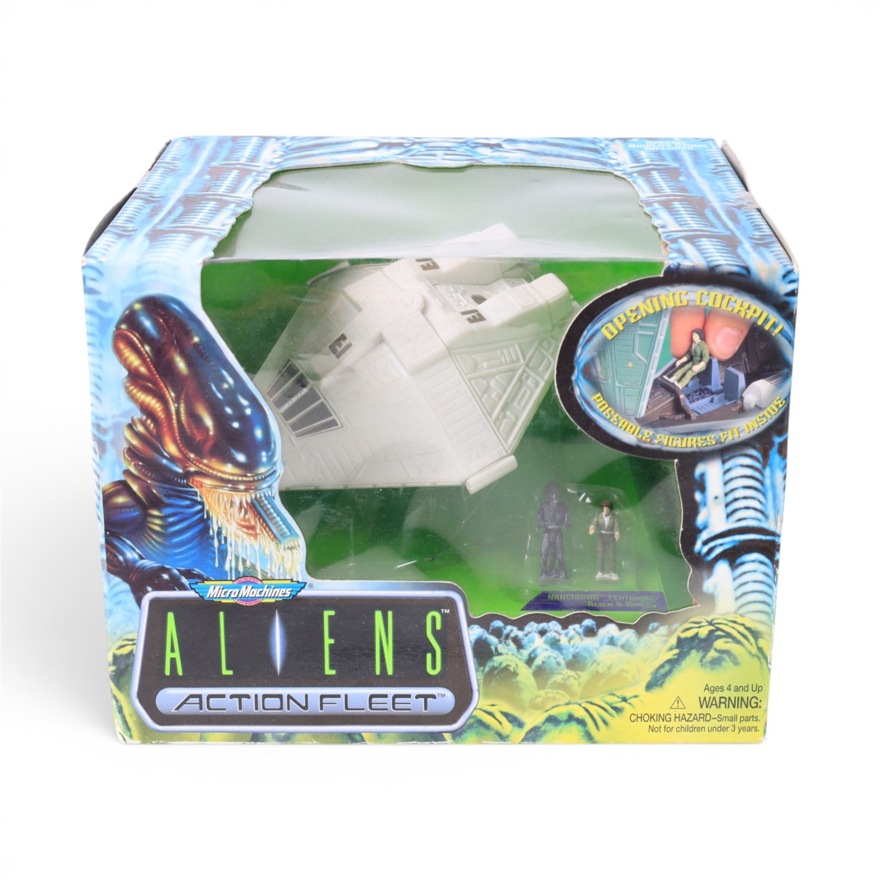 Three Galoob Aliens Action Fleet micromachines, comprising Drop Ship, Narcissus and Armoured Personnel Carrier, all boxed