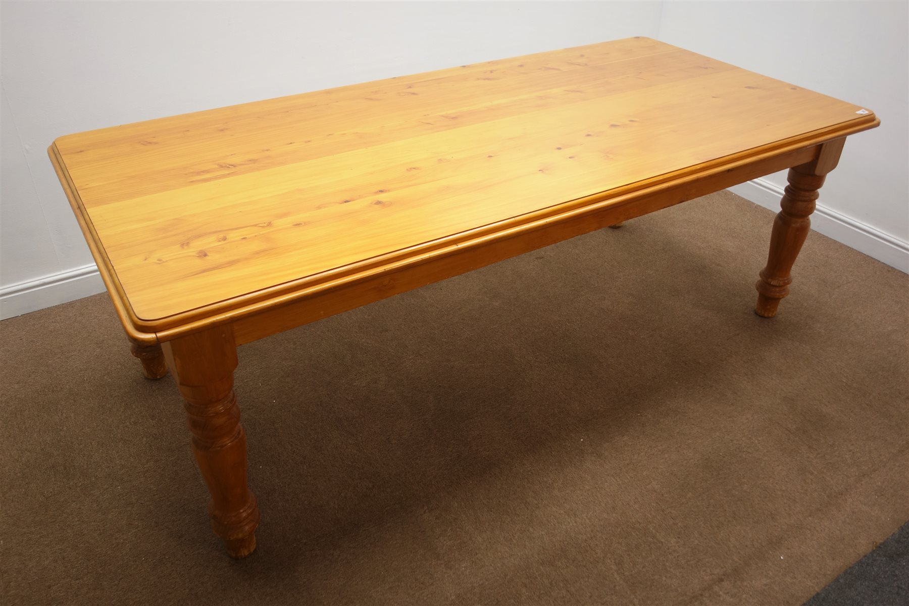 Large Oregon pine rectangular farmhouse style dining table, moulded top