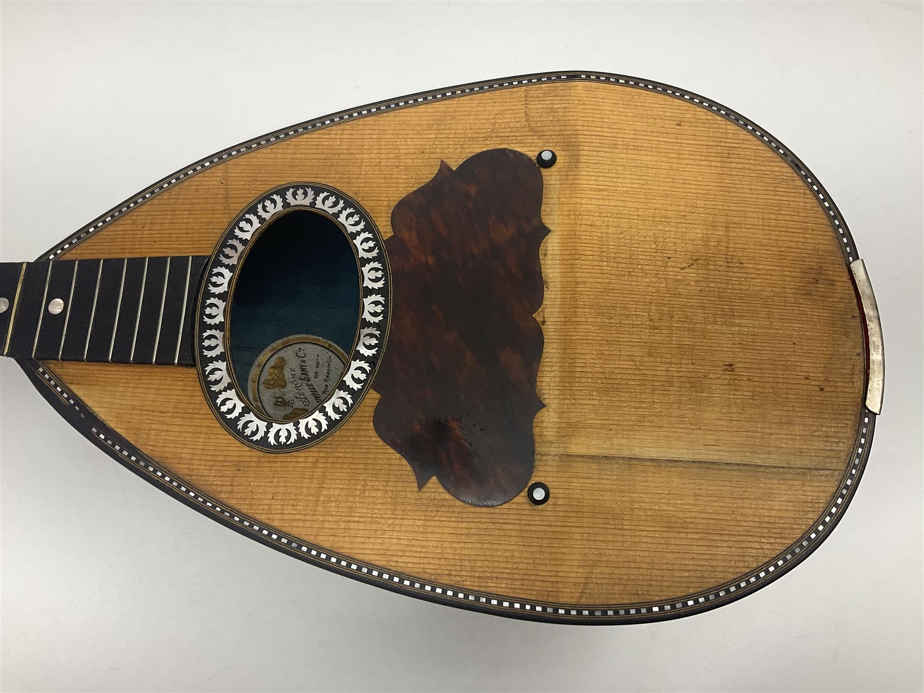 French mandolin with segmented lute back and mother-of-pearl inlaid spruce top; bears label for 'Jerome Thibouville-Lamy & Cie Paris L60cm; and another unmarked flat-back mandolin; both for completion (2)